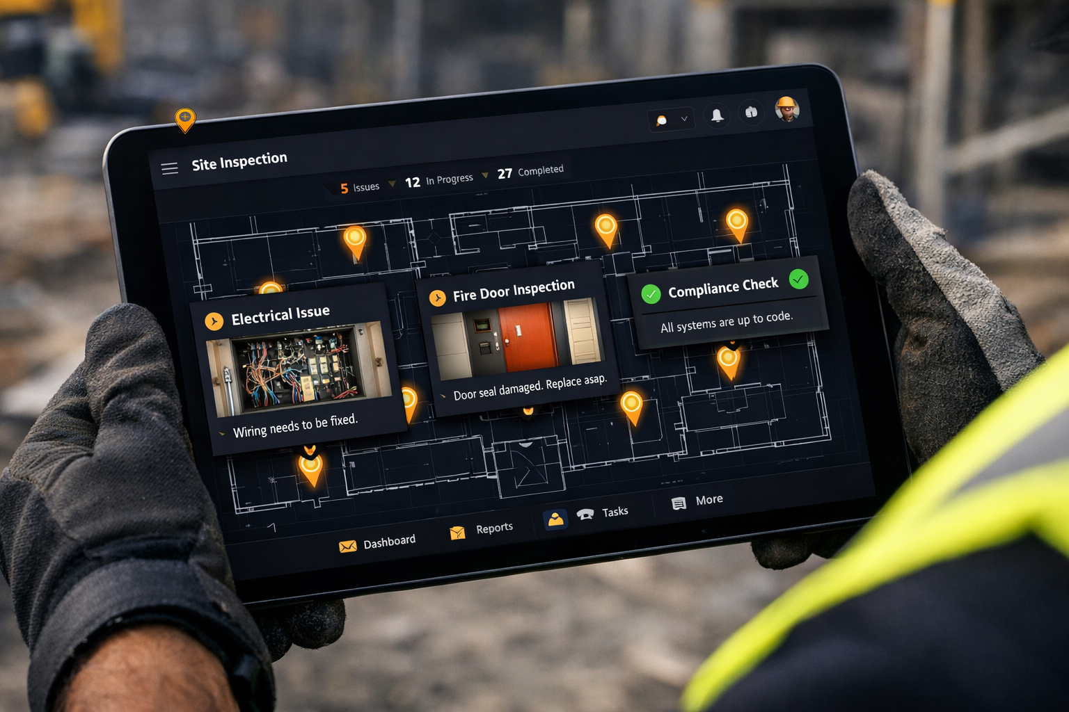 SitePin site inspection — pinned data on a floor plan with inspection cards